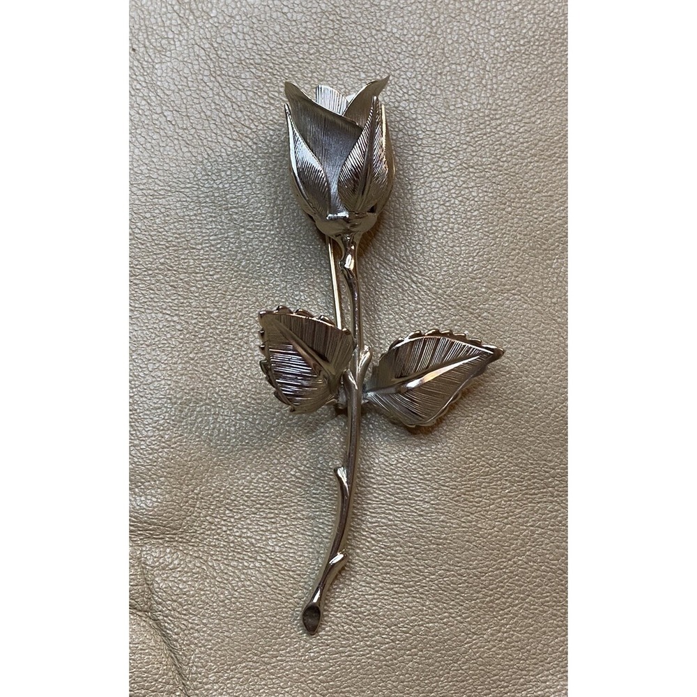 Giovanni Nickel Tone Long Stem Rose "Legend of the Christmas Rose"Brooch Sign